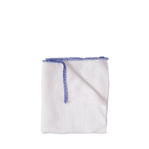 White textured cloth with blue trim on a white background