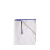 White textured cloth with blue trim on a white background