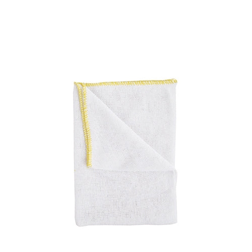 White cloth with yellow trim on a white background