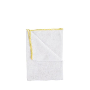 White cloth with yellow trim on a white background