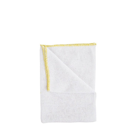 White cloth with yellow trim on a white background