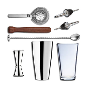A cocktail set including a shaker can, shaker glass, pourers, muddler, mixing spoon, and strainer, all in stainless steel and wood colors.