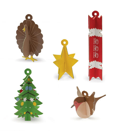 Set of Christmas-themed paper ornaments on a white background