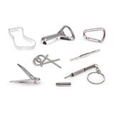 Collection of silver metal tools and keychain on a white background