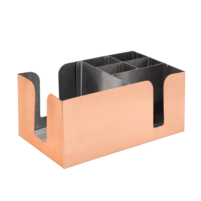 copper bard caddy with compartments on a white background