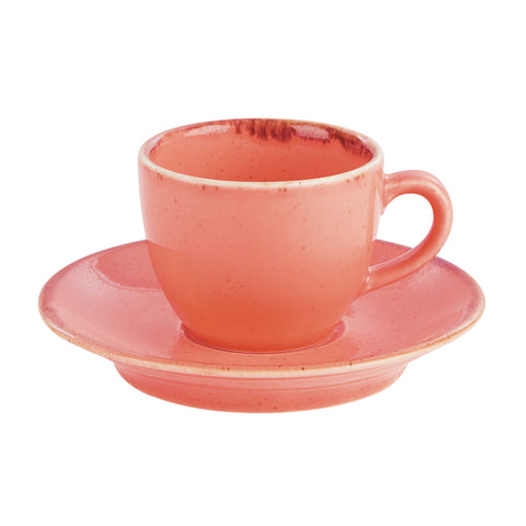 Coral-colored cup and saucer set on a white background