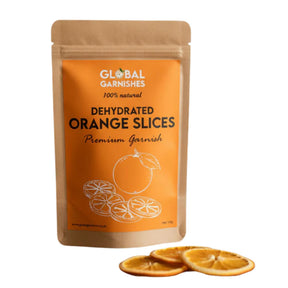 Packaged dehydrated orange slices with Global Garnishes branding on an orange background.