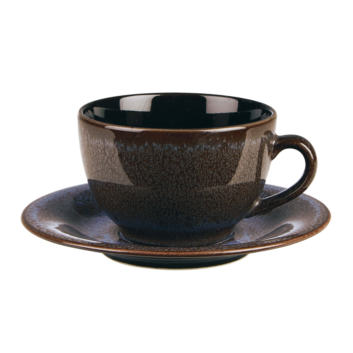 brown ceramic cup and saucer on a white background