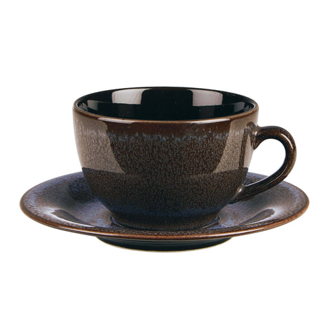 brown ceramic cup and saucer on a white background