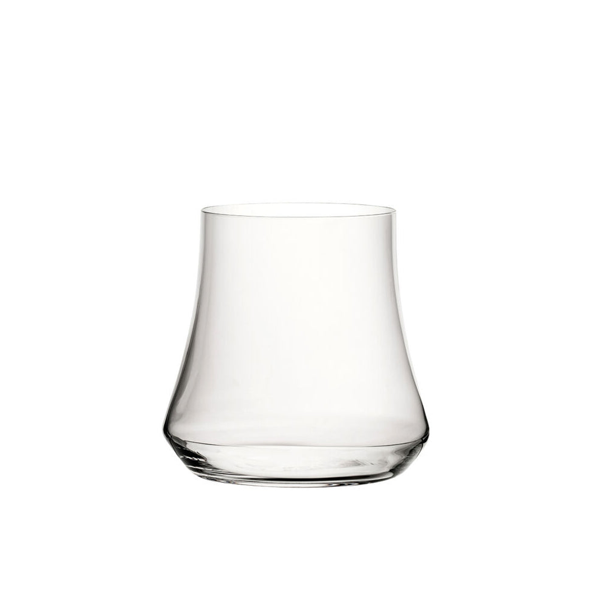 A clear glass with a modern, conical design intended for aroma concentration when drinking.