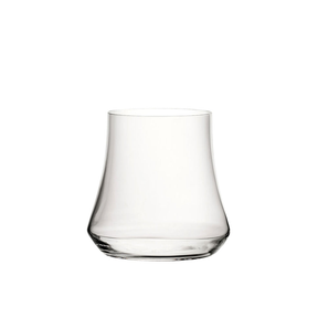 A clear glass with a modern, conical design intended for aroma concentration when drinking.