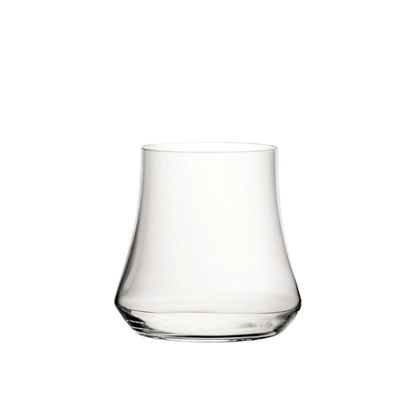 A clear glass with a modern, conical design intended for aroma concentration when drinking.