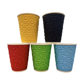 Five textured paper cups in red, green, blue, and black, with one yellow cup standing behind them, on a plain white background.