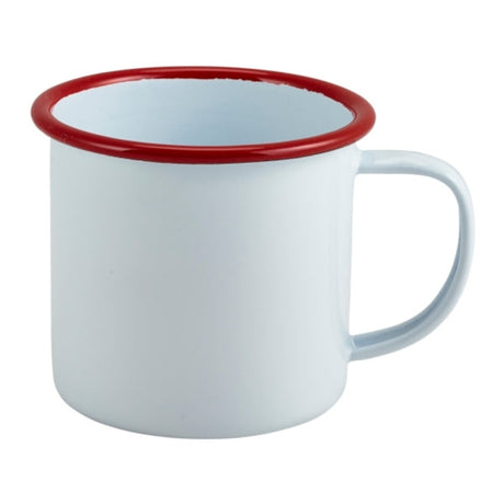 A white enamel mug with a red rim and handle, isolated on a white background.