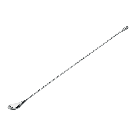 An extra long silver teardrop cocktail mixing spoon with a twisted stem.