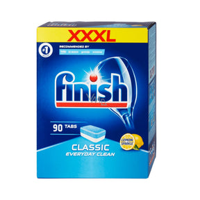 Box of Finish dishwasher tabs with lemon sparkle scent on a white background