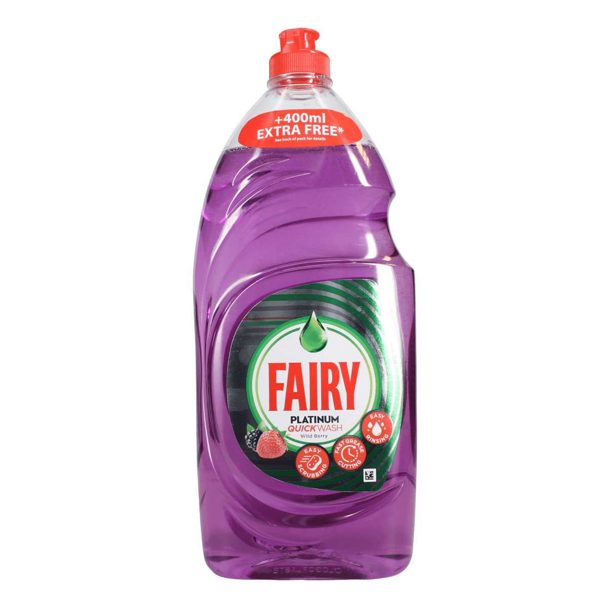 Purple bottle of Fairy dishwashing liquid with a red cap on a white background