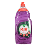 Purple bottle of Fairy dishwashing liquid with a red cap on a white background