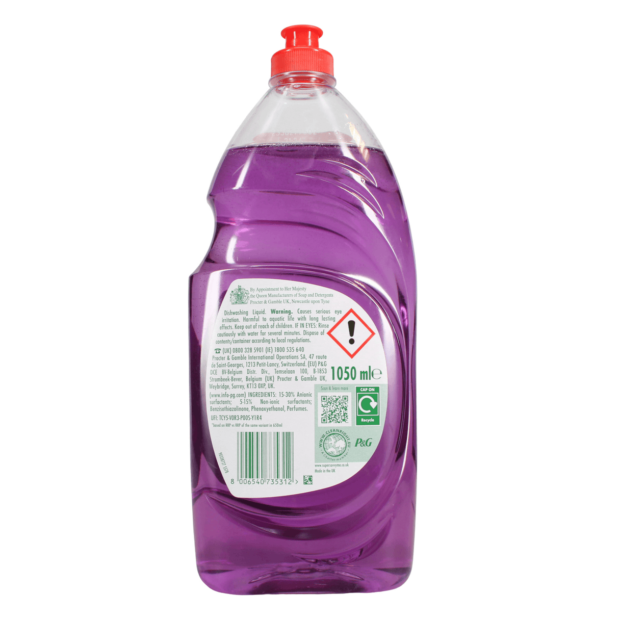Purple cleaning solution bottle with a red cap on a white background