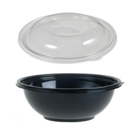 A black round plastic salad bowl with a clear lid.