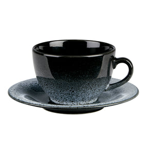 black and grey bowl shaped cup and matching saucer
