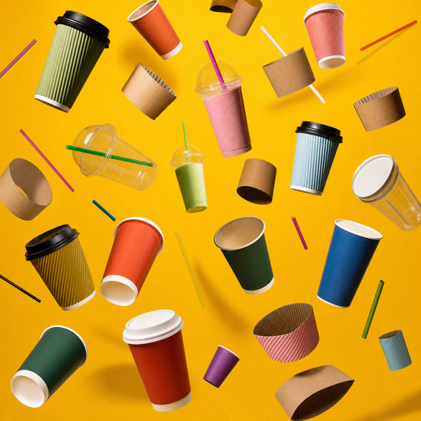 A repeating pattern of various disposable paper coffee cups, plastic cups, lids, and straws in multiple colors, floating against a solid bright yellow background.