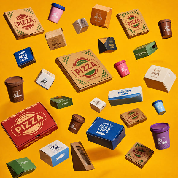 A collection of branded fast-food packaging boxes and cups floating on a solid yellow background, including Pizza, Burger, Fish & Chips, and Ice Cream items.