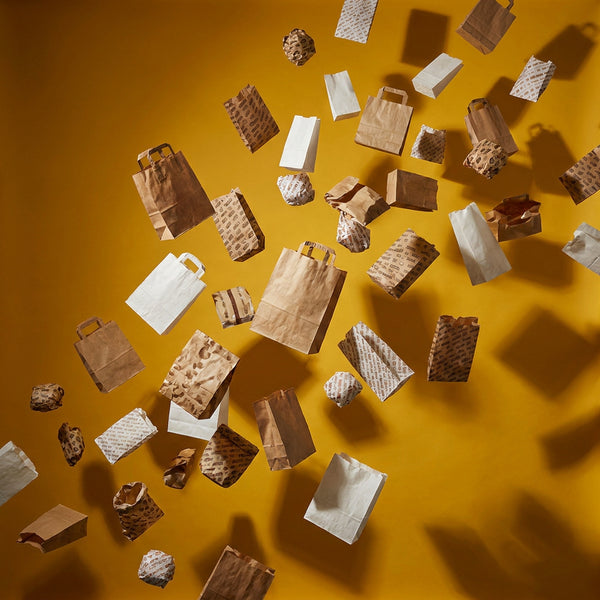 An overhead flat-lay of assorted paper shopping and food bags scattered across a warm mustard-yellow background. The bags are in various sizes and shapes, including brown kraft paper, white paper, and patterned brown-and-white designs, with some appearing to float or be arranged dynamically against a solid colored backdrop.