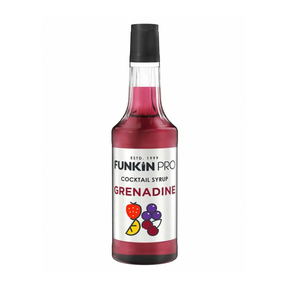 A bottle of Funkin Grenadine Syrup with a label showing the brand, product name, and images of fruits such as strawberries and cherries.