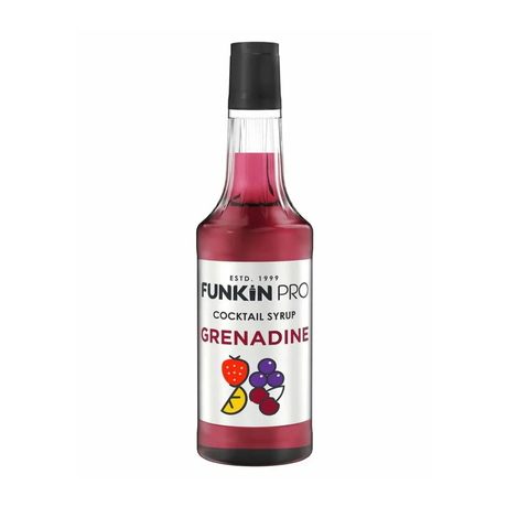 A bottle of Funkin Grenadine Syrup with a label showing the brand, product name, and images of fruits such as strawberries and cherries.