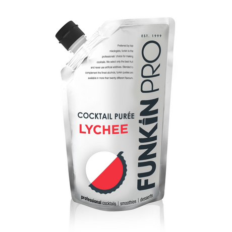 A pouch of Funkin Lychee Puree with a label showing the product name and a red lychee symbol, indicating it is a 1kg pack.