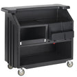 Black utility cart with storage bins on wheels