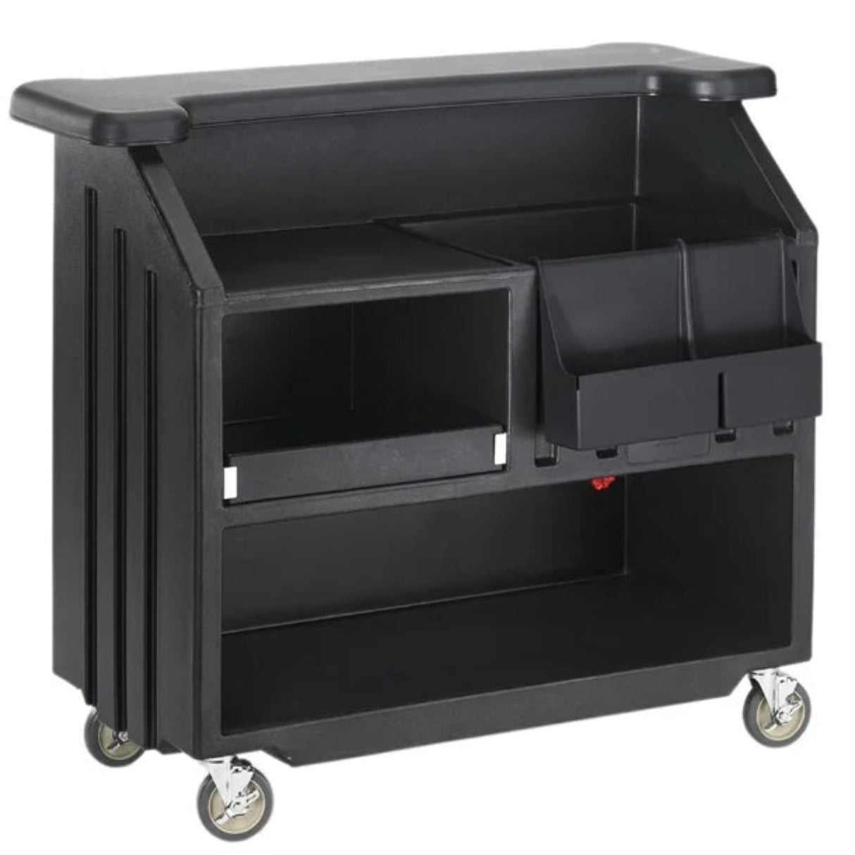Black utility cart with storage bins on wheels