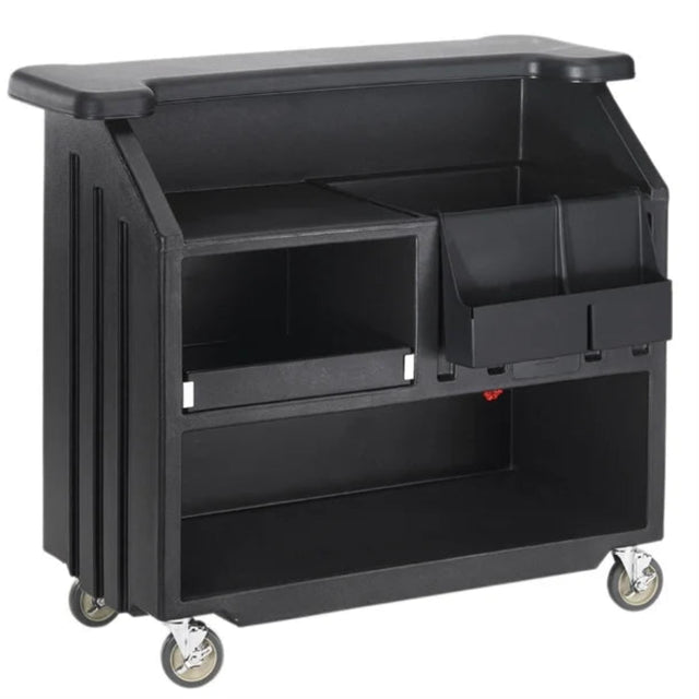 Black utility cart with storage bins on wheels