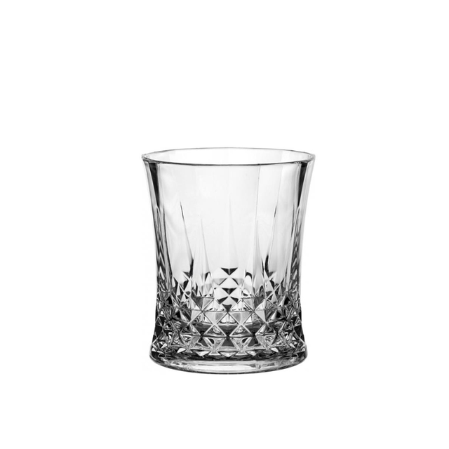 A clear polycarbonate old fashioned glass with a geometric pattern.