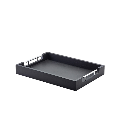 A black lacquered Acacia wood butlers tray with stainless steel handles.