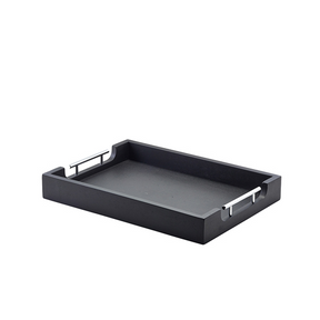 A black lacquered Acacia wood butlers tray with stainless steel handles.