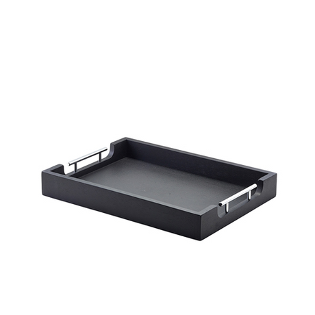 A black lacquered Acacia wood butlers tray with stainless steel handles.
