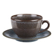 Brown ceramic cup and saucer on a white background