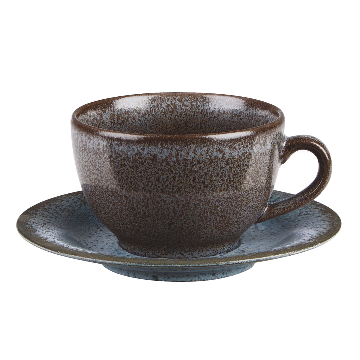 Brown ceramic cup and saucer on a white background