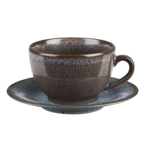 Brown ceramic cup and saucer on a white background