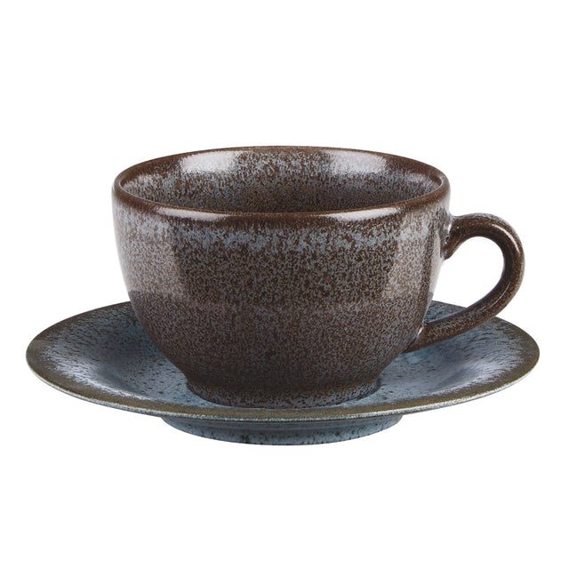 Brown ceramic cup and saucer on a white background