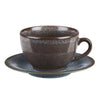 Brown ceramic cup and saucer on a white background