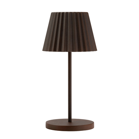 A cordless lampshade in a brown color with a modern design, mounted on a die-cast aluminium base.