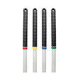 Four black-handled tools with colorful accents on a white background