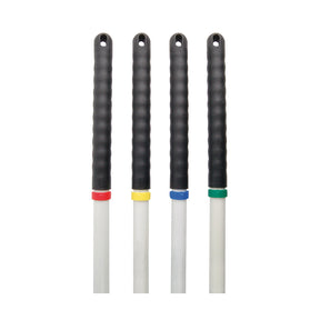 Four black-handled tools with colorful accents on a white background