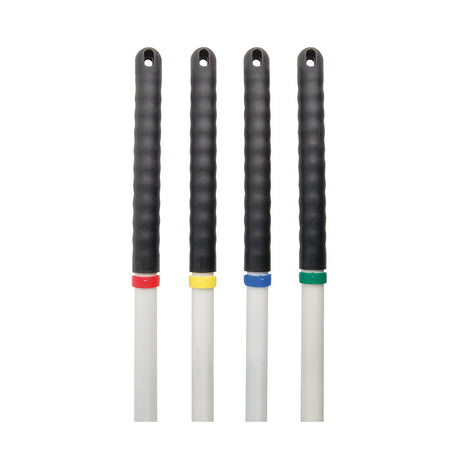 Four black-handled tools with colorful accents on a white background