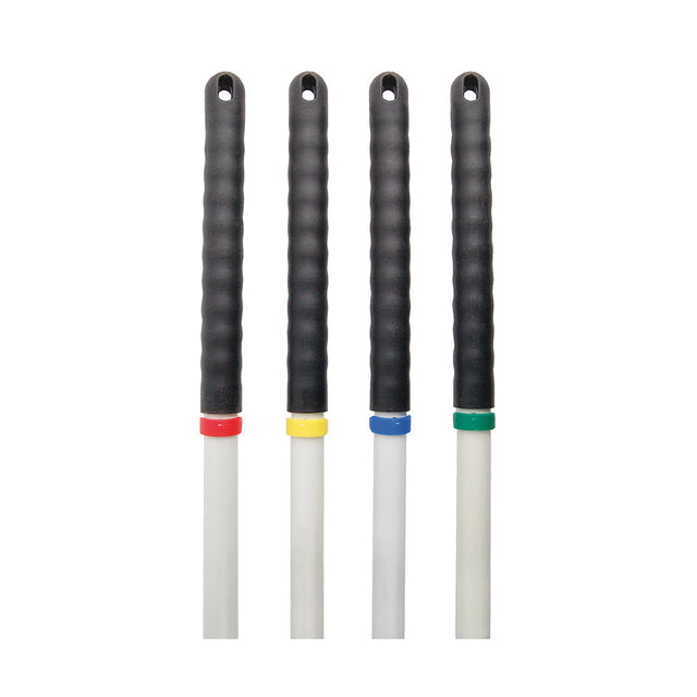 Four black-handled tools with colorful accents on a white background