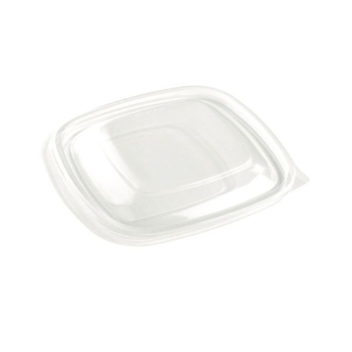 Clear plastic food container lid on a white background