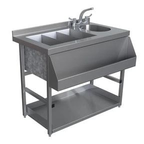 Stainless steel sink with faucet on a white background
